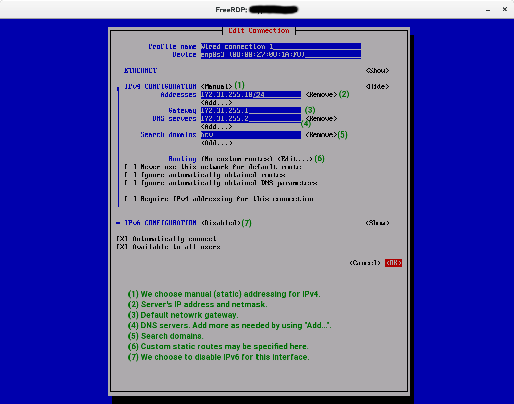 Example of static IPv4 configuration and disabled IPv6